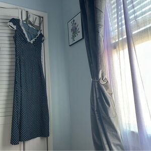 RIHOAS The Navy V Neck Polka Dot Lace Ruched Maxi Dress